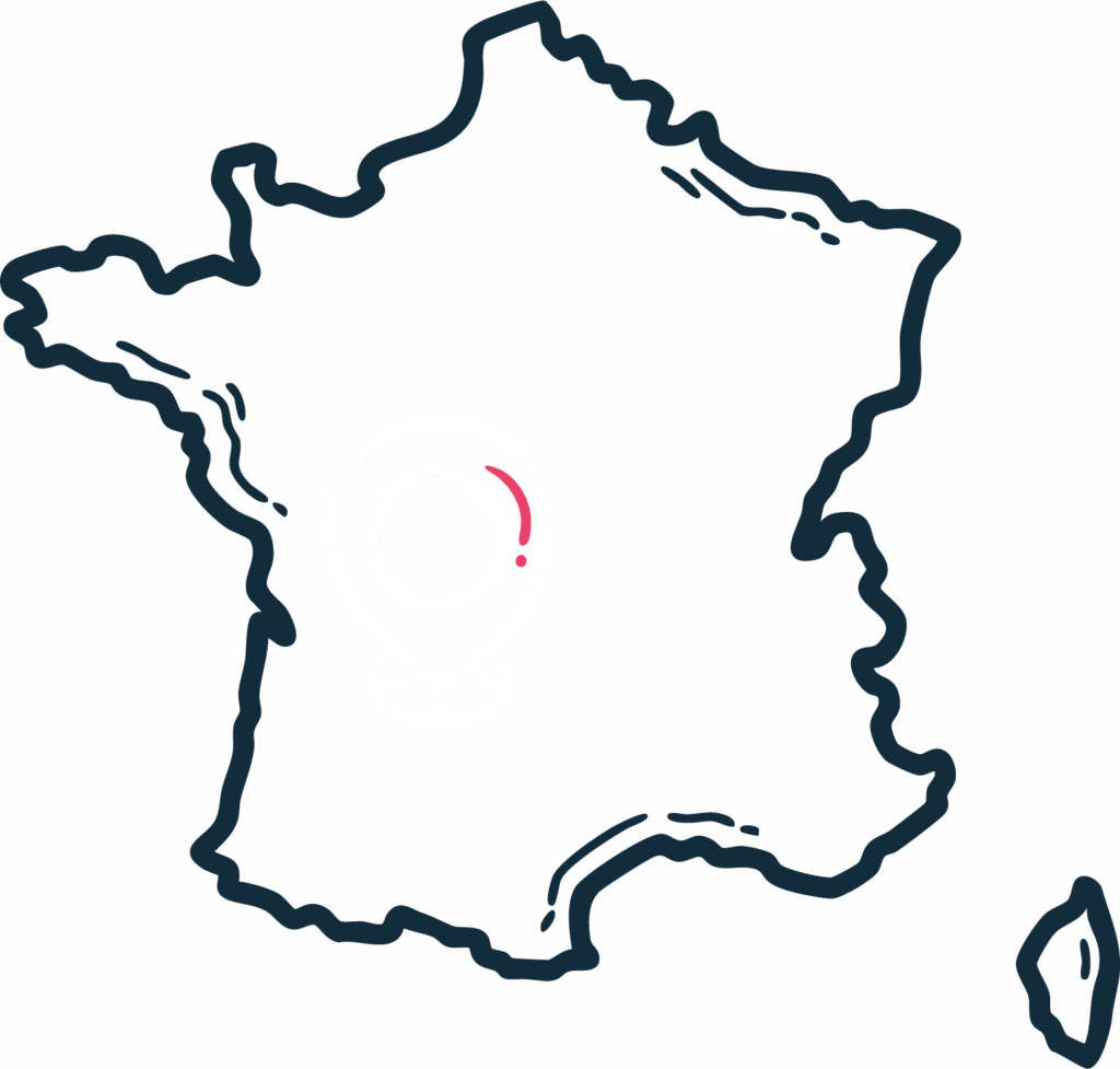 Le visuel représente une carte de la France dessinée, avec la location de Sarlat-la-Canéda, dans le sud-Ouest, en Dordogne