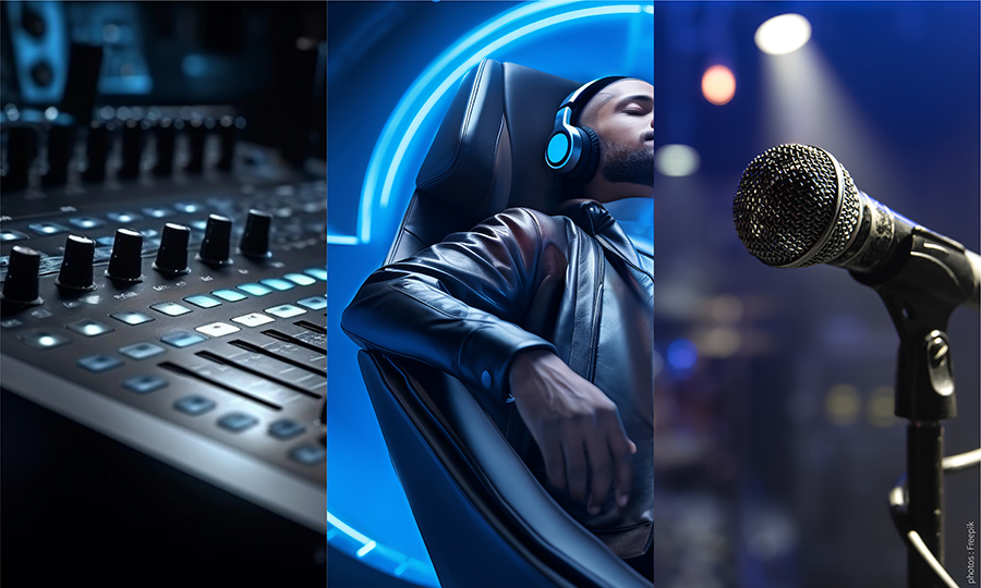 Visuel présentant les images d'inspiration qui ont permis à créer l'identité visuelle de K-Music Prod, conçue par la Photo'graphiste. Le design mêle élégance et rythme graphique, avec une typographie soignée et une mise en page impactante. Une création sur mesure pensée pour incarner l’univers sonore et visuel du label, entre énergie et raffinement.